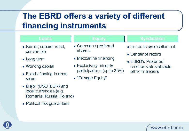 The EBRD offers a variety of different financing instruments Loans l l l Equity