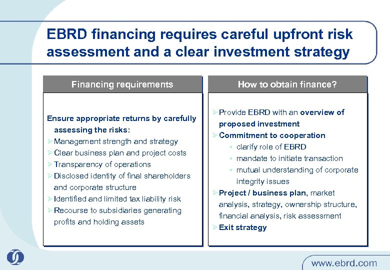 EBRD financing requires careful upfront risk assessment and a clear investment strategy Financing requirements