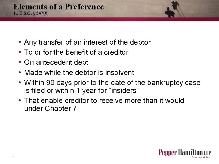 Elements of a Preference 11 U. S. C. § 547(b) • • • Any