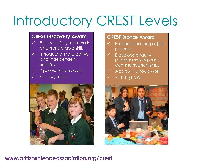 Introductory CREST Levels CREST Discovery Award ü ü Focus on fun, teamwork and transferable