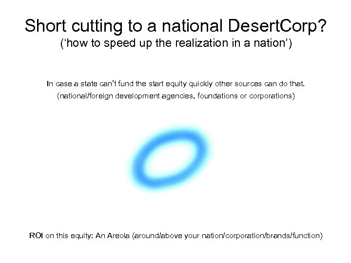 Short cutting to a national Desert. Corp? (‘how to speed up the realization in
