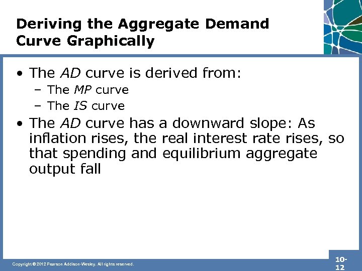 Deriving the Aggregate Demand Curve Graphically • The AD curve is derived from: –