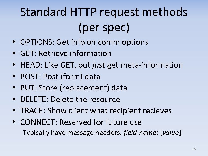 Standard HTTP request methods (per spec) • • OPTIONS: Get info on comm options