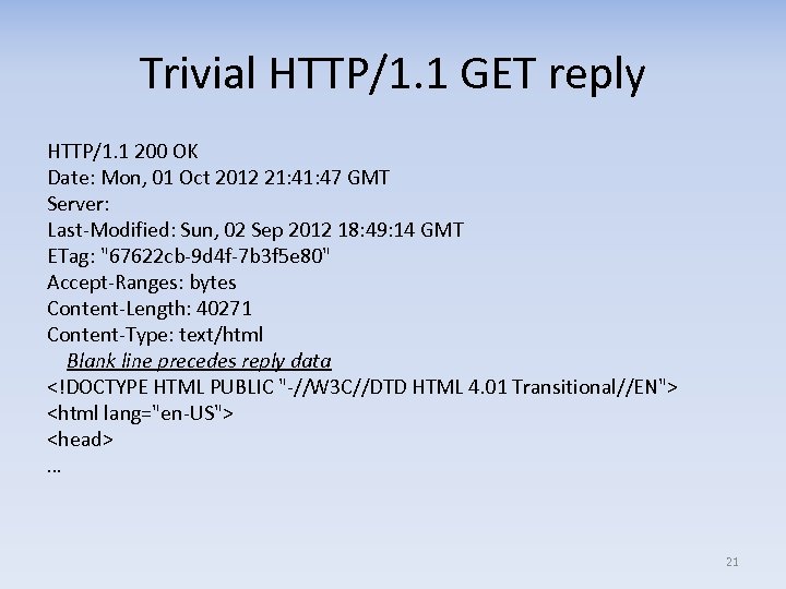 Trivial HTTP/1. 1 GET reply HTTP/1. 1 200 OK Date: Mon, 01 Oct 2012