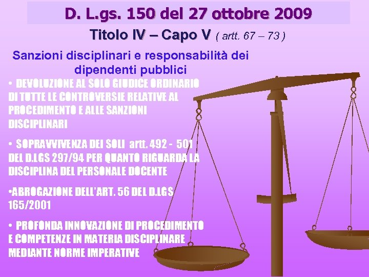 D. L. gs. 150 del 27 ottobre 2009 Titolo IV – Capo V (