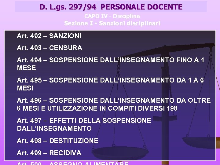 D. L. gs. 297/94 PERSONALE DOCENTE CAPO IV - Disciplina Sezione I - Sanzioni