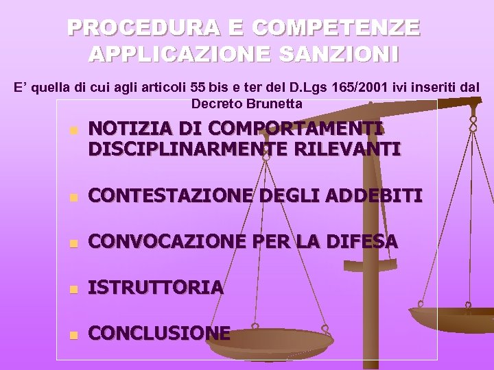 PROCEDURA E COMPETENZE APPLICAZIONE SANZIONI E’ quella di cui agli articoli 55 bis e