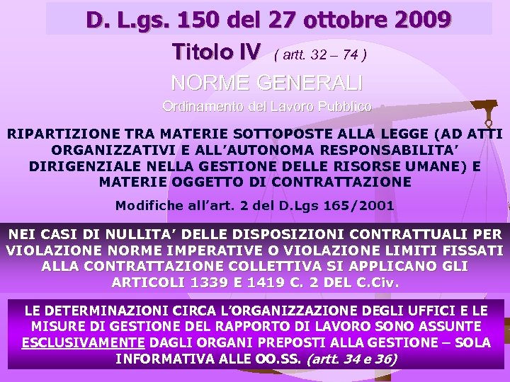 D. L. gs. 150 del 27 ottobre 2009 Titolo IV ( artt. 32 –