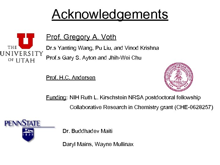 Acknowledgements Prof. Gregory A. Voth Dr. s Yanting Wang, Pu Liu, and Vinod Krishna