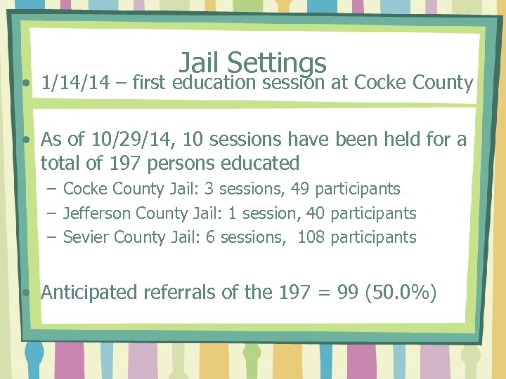 Jail Settings • 1/14/14 – first education session at Cocke County • As of