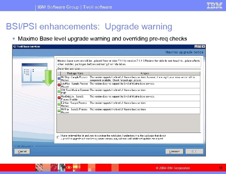 IBM Software Group | Tivoli software BSI/PSI enhancements: Upgrade warning § Maximo Base level