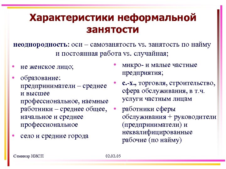 Характеристики неформальной занятости неоднородность: оси – самозанятость vs. занятость по найму и постоянная работа
