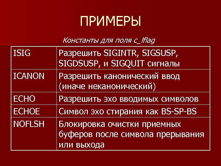 ПРИМЕРЫ Константы для поля c_lflag ISIG ICANON ECHOE NOFLSH Разрешить SIGINTR, SIGSUSP, SIGDSUSP, и