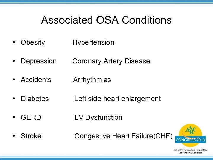 Associated OSA Conditions • Obesity Hypertension • Depression Coronary Artery Disease • Accidents Arrhythmias