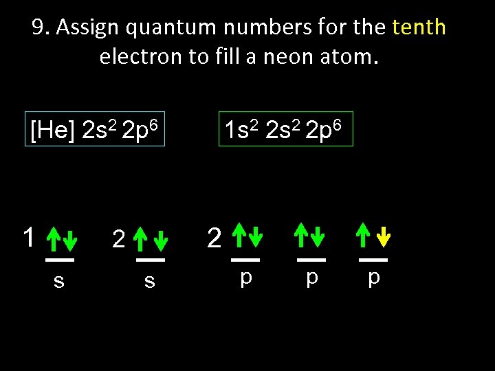 9. Assign quantum numbers for the tenth electron to fill a neon atom. [He]