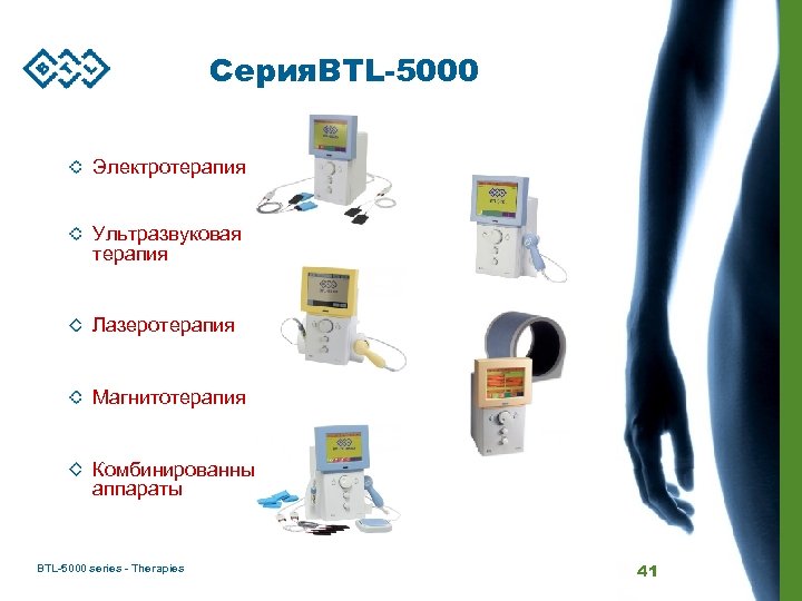 Серия. BTL-5000 Электротерапия Ультразвуковая терапия Лазеротерапия Магнитотерапия Комбинированные аппараты BTL-5000 series - Therapies 41
