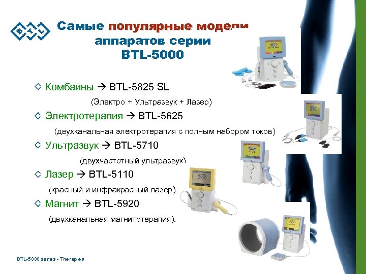 Самые популярные модели аппаратов серии BTL-5000 Комбайны BTL-5825 SL (Электро + Ультразвук + Лазер)