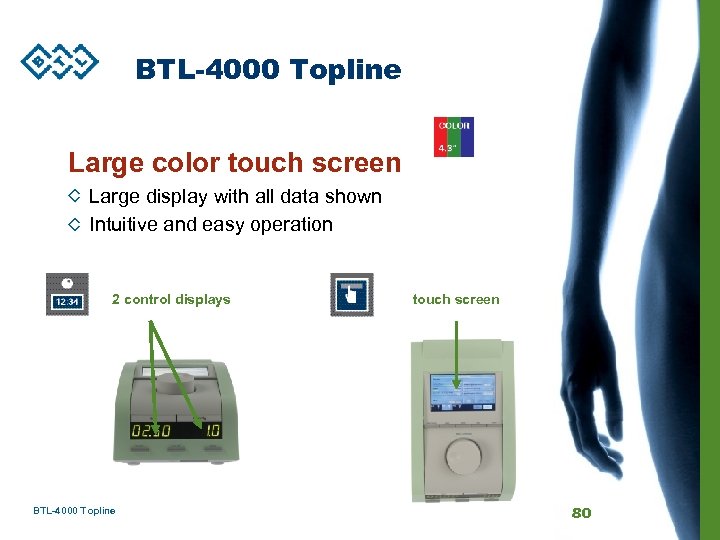 BTL-4000 Topline Large color touch screen Large display with all data shown Intuitive and