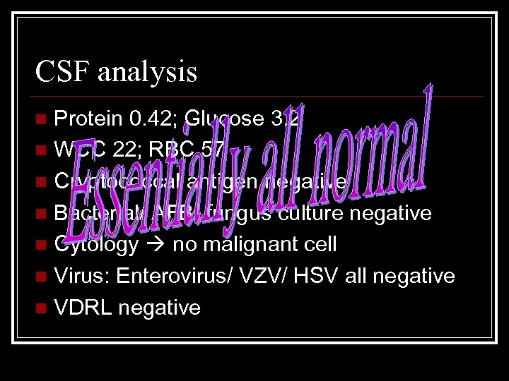 CSF analysis Protein 0. 42; Glucose 3. 2 n WCC 22; RBC 57 n