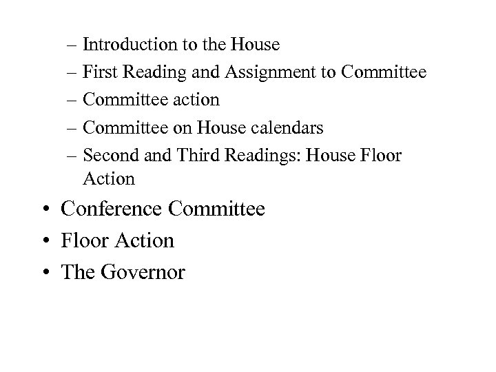 – Introduction to the House – First Reading and Assignment to Committee – Committee