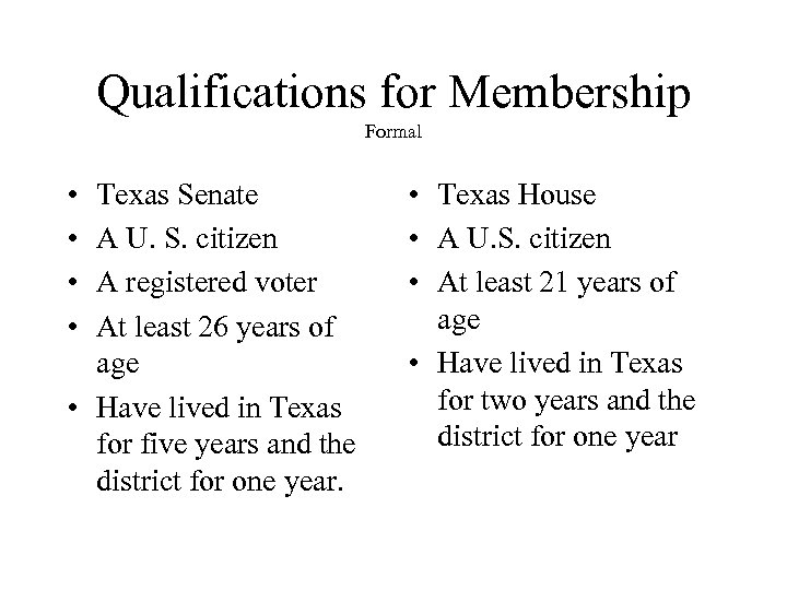 Qualifications for Membership Formal • • Texas Senate A U. S. citizen A registered