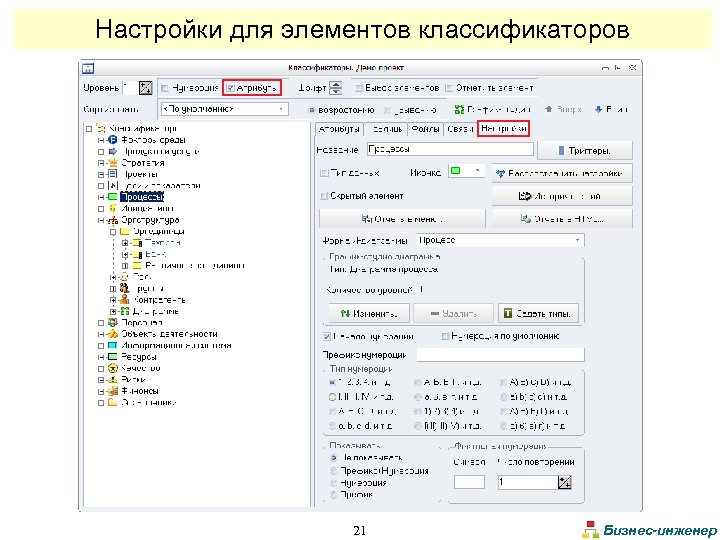 Настройки для элементов классификаторов 21 Бизнес-инженер 