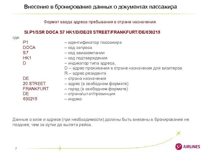 Внесение в бронирование данных о документах пассажира Формат ввода адреса пребывания в стране назначения: