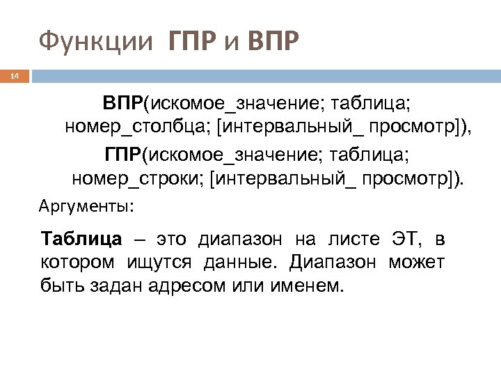 Функции ГПР и ВПР 14 ВПР(искомое_значение; таблица; номер_столбца; [интервальный_ просмотр]), ГПР(искомое_значение; таблица; номер_строки; [интервальный_