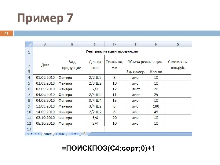 Пример 7 41 =ПОИСКПОЗ(C 4; сорт; 0)+1 