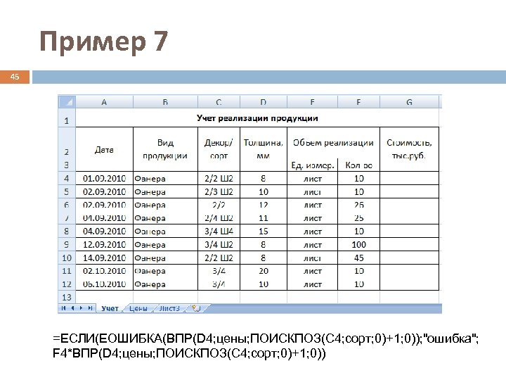 Пример 7 45 =ЕСЛИ(ЕОШИБКА(ВПР(D 4; цены; ПОИСКПОЗ(C 4; сорт; 0)+1; 0)); "ошибка"; F 4*ВПР(D