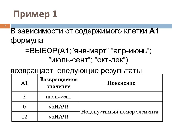 Пример 1 7 В зависимости от содержимого клетки A 1 формула =ВЫБОР(A 1; ”янв-март”;