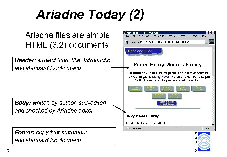 Ariadne Today (2) Ariadne files are simple HTML (3. 2) documents Header: subject icon,