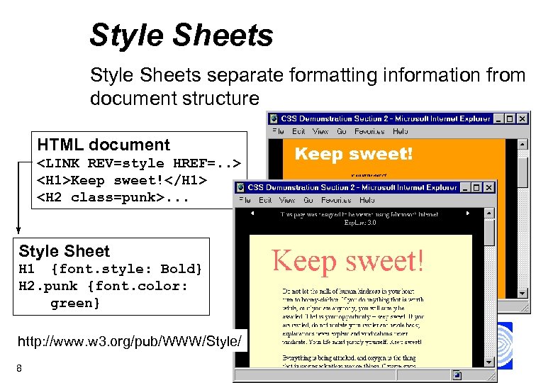 Style Sheets separate formatting information from document structure HTML document <LINK REV=style HREF=. .