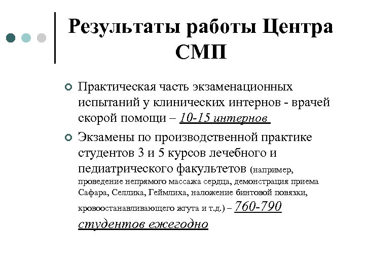 Результаты работы Центра СМП ¢ ¢ Практическая часть экзаменационных испытаний у клинических интернов -