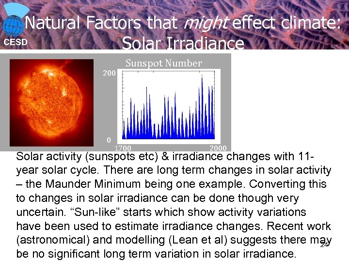 Natural Factors that might effect climate: CESD Solar Irradiance 200 0 Sunspot Number 1700