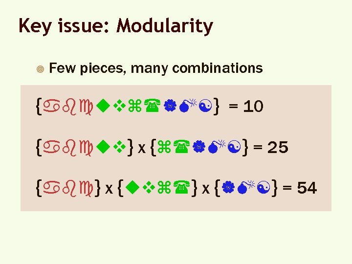 Key issue: Modularity ¥ Few pieces, many combinations {abcuvz(|M[} = 10 {abcuv} x {z(|M[}