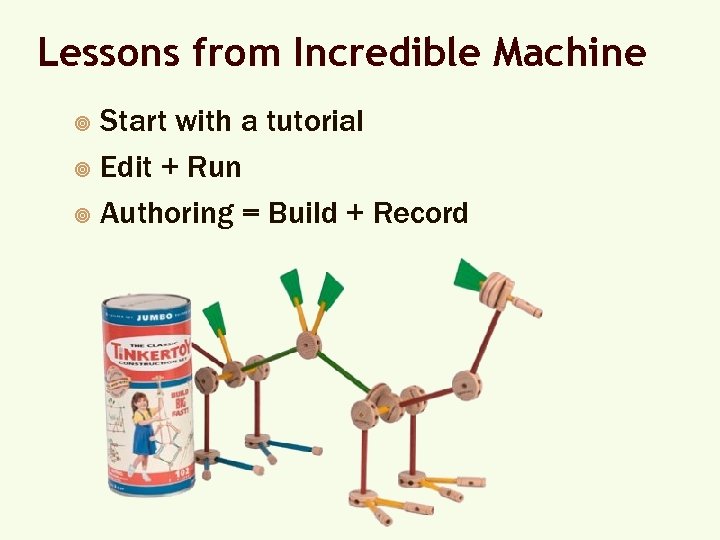 Lessons from Incredible Machine Start with a tutorial ¥ Edit + Run ¥ Authoring