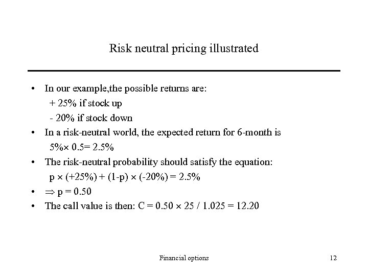 Risk neutral pricing illustrated • In our example, the possible returns are: + 25%