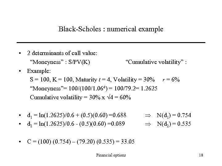 Black-Scholes : numerical example • 2 determinants of call value: “Moneyness” : S/PV(K) “Cumulative