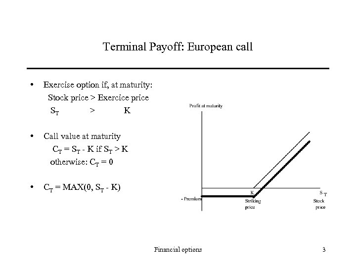 Terminal Payoff: European call • Exercise option if, at maturity: Stock price > Exercice