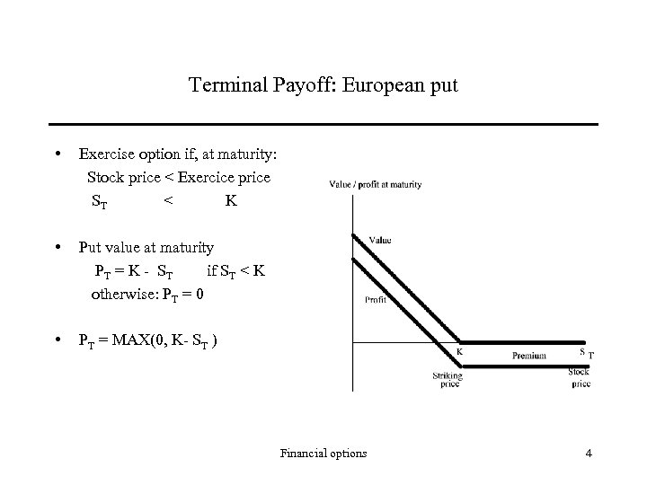 Terminal Payoff: European put • Exercise option if, at maturity: Stock price < Exercice