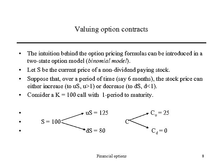 Valuing option contracts • The intuition behind the option pricing formulas can be introduced