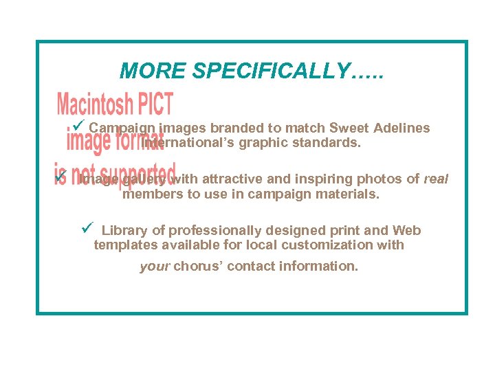 MORE SPECIFICALLY…. . ü Campaign images branded to match Sweet Adelines International’s graphic standards.