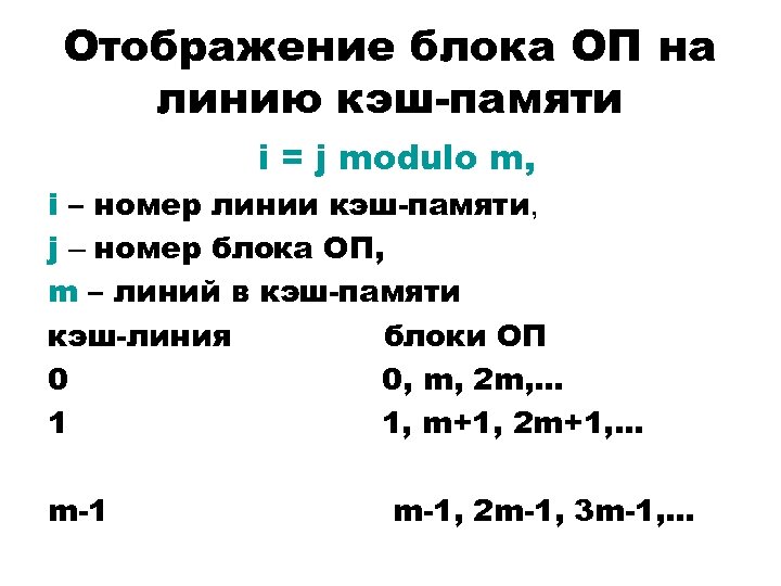 Отображение блока ОП на линию кэш-памяти i = j modulo m, i – номер