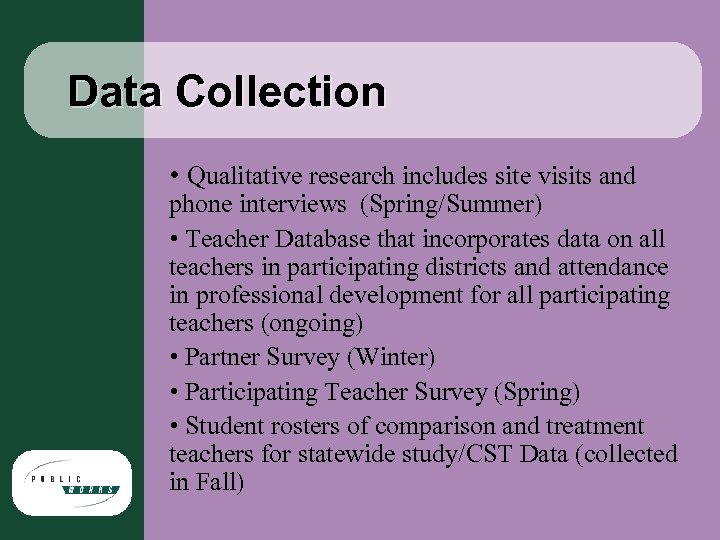 Data Collection • Qualitative research includes site visits and phone interviews (Spring/Summer) • Teacher