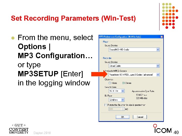 Set Recording Parameters (Win-Test) l From the menu, select Options | MP 3 Configuration…