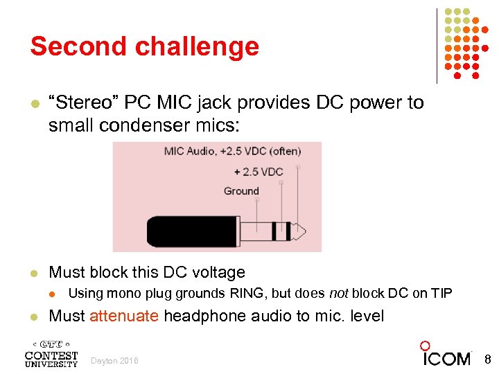Second challenge l “Stereo” PC MIC jack provides DC power to small condenser mics: