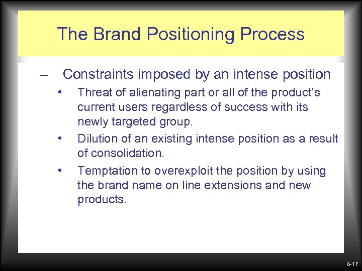 The Brand Positioning Process – Constraints imposed by an intense position • • •