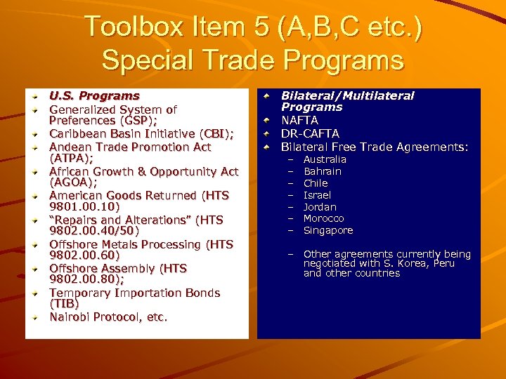 Toolbox Item 5 (A, B, C etc. ) Special Trade Programs U. S. Programs