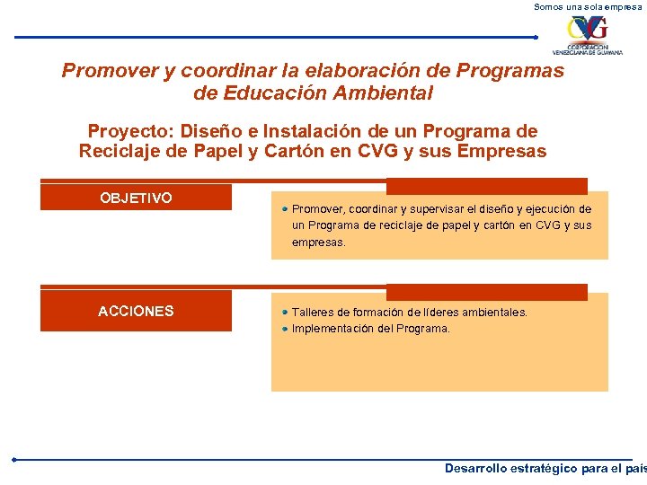 Somos una sola empresa Promover y coordinar la elaboración de Programas de Educación Ambiental